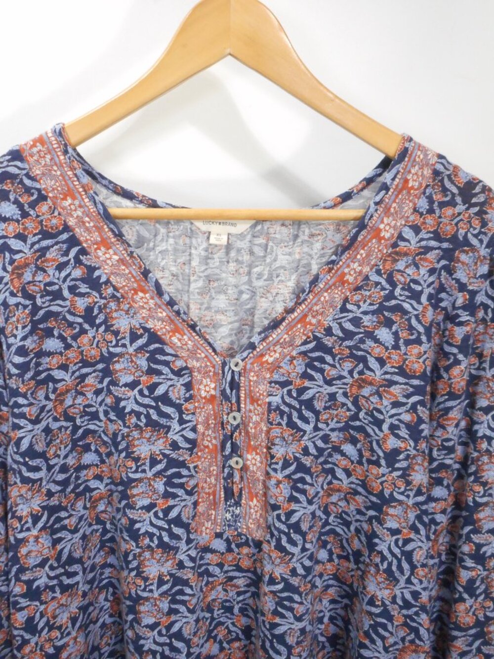 Lucky Brand Blouse Women's XL Popover V-Neck Long Sleeve Boho Top Floral Peasant - Picture 2 of 14